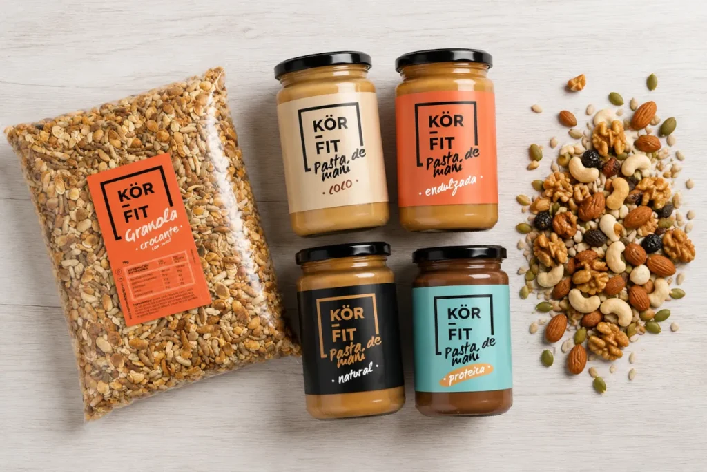 Productos naturales KÖR-FIT: pastas de maní, granolas y frutos secos seleccionados